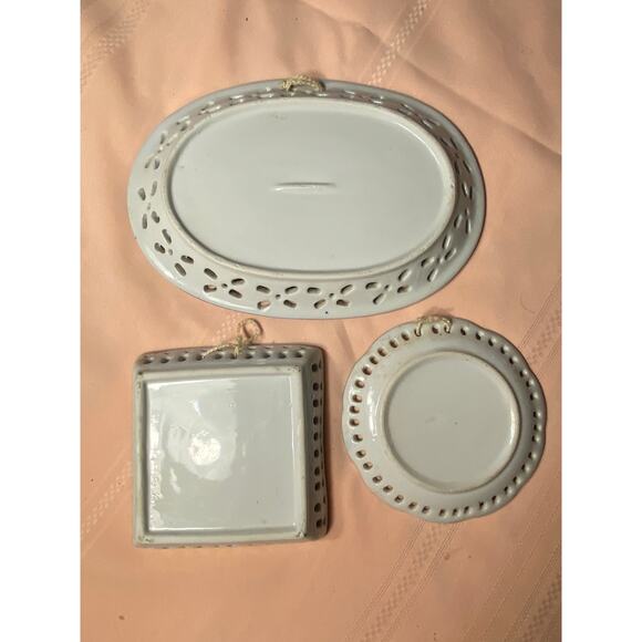 Set of 3 Dishes White with blue florals Pierced edges, shelf or wall art EUC - Picture 7 of 13